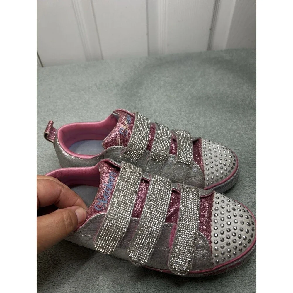 Skechers Twinkle Toes Girls Silver Pink Rhinestone Sneakers Size 4.5